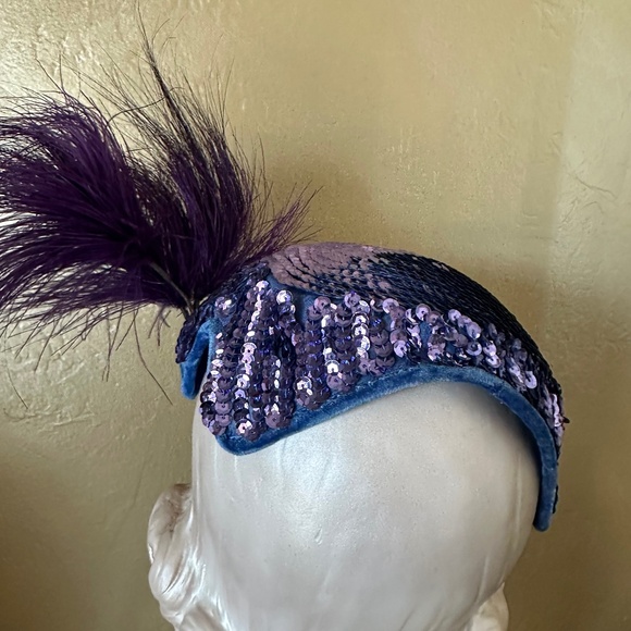 FASCINATING 1950s\' COCTAIL HAT - PURPLE SEQUINS + FEATHERS main image 4